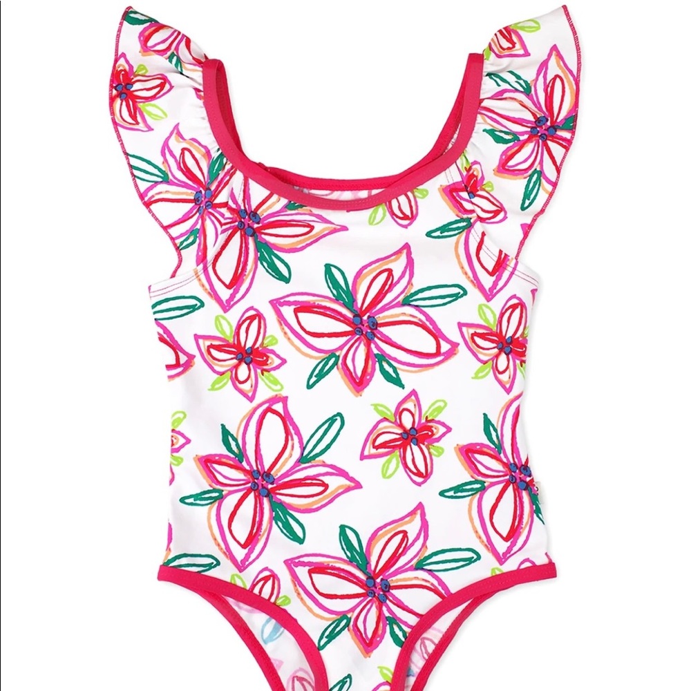 Crayon Flower Ruffled Sleeve One-piece, Pink - 6/6X / pink